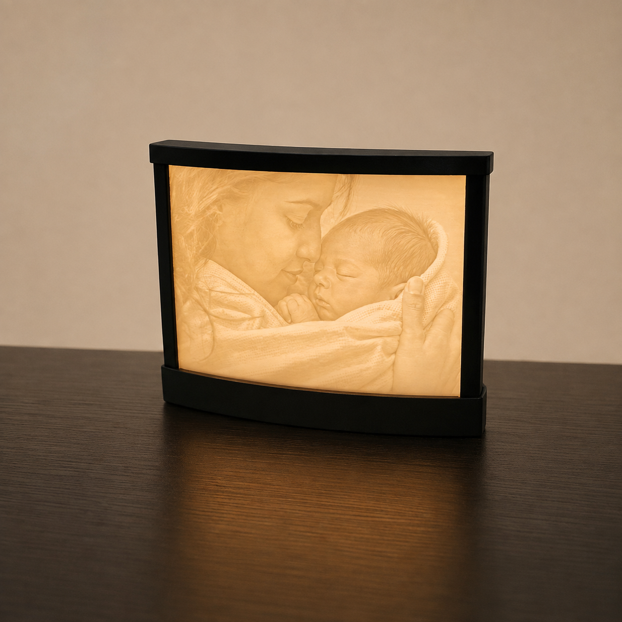A black rectangular photo lamp or night light sits on a dark wooden table against a warm beige wall. The illuminated front displays a softly glowing sepia-toned image of a woman kissing a sleeping baby.