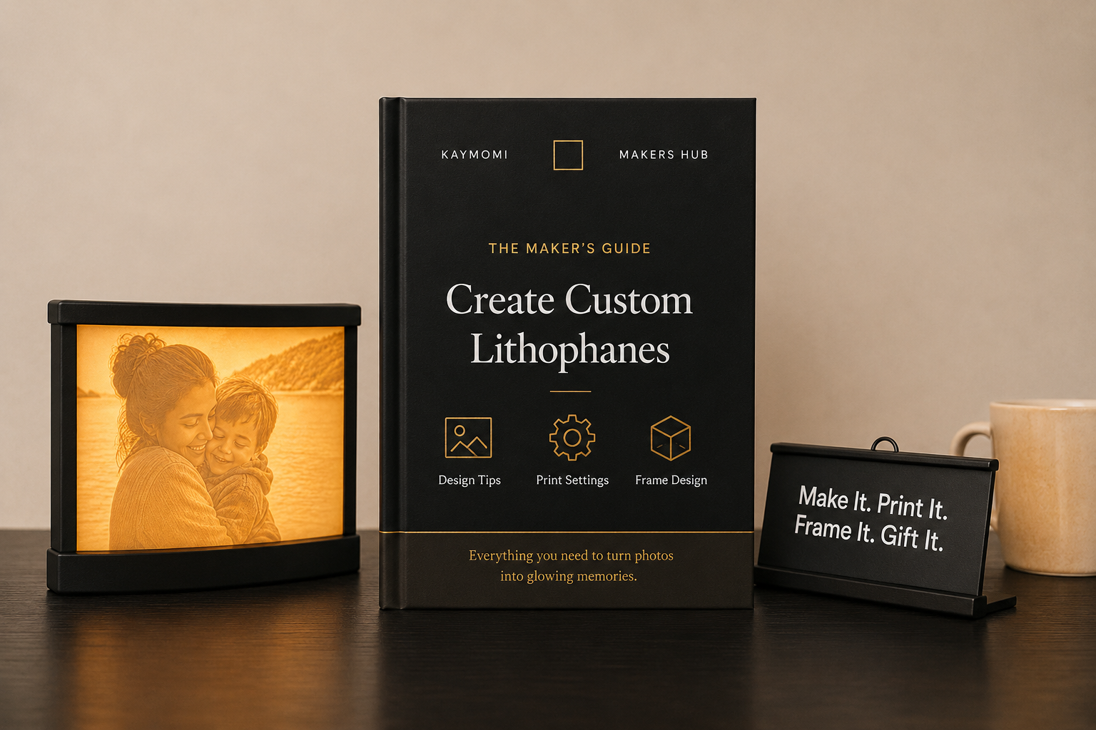 A black guidebook titled 'Create Custom Lithophanes' stands on a dark tabletop, flanked by a lit photo frame showing a warm-toned couple portrait and a small sign reading 'Make it. Print it.