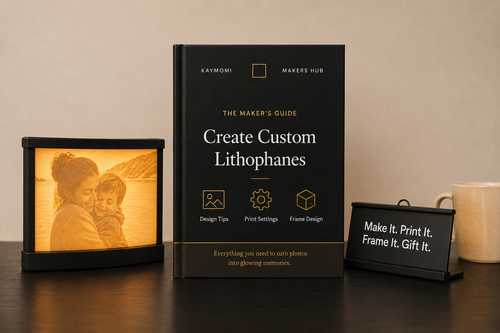 A black guidebook titled 'Create Custom Lithophanes' stands on a dark tabletop, flanked by a lit photo frame showing a warm-toned couple portrait and a small sign reading 'Make it. Print it.
